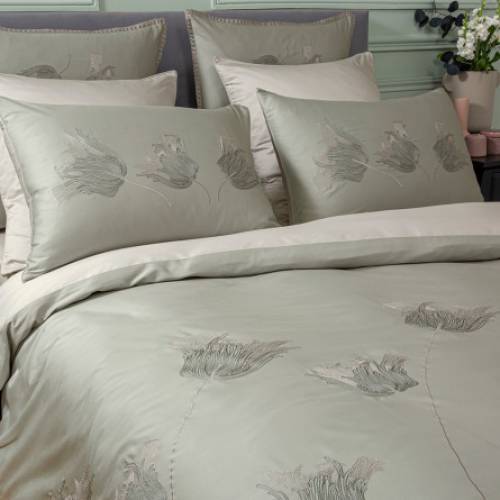 Housse de couette Tulipes jade satin de coton 120 fils/cm²