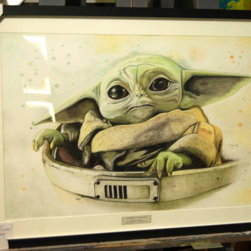 Grogu - Dessin ORIGINAL 50 x 70 cm au fusain et pastel sur feuille à grain.